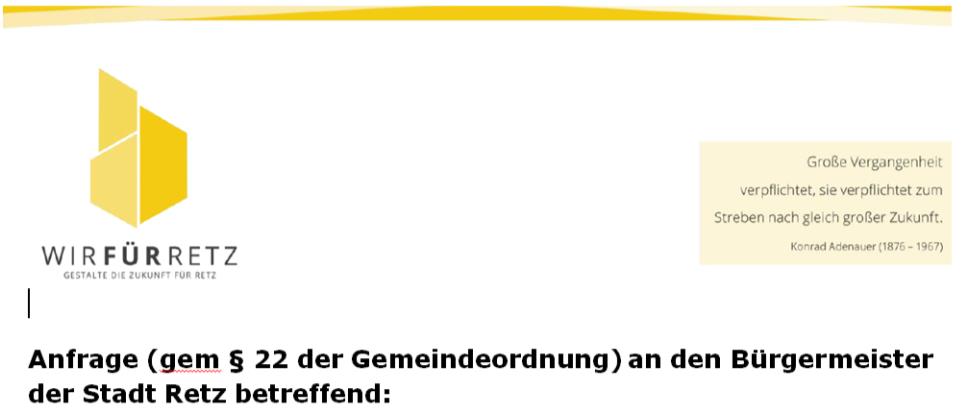 Anfragen an Bürgermeister und Gemeinderat der Stadtgemeinde Retz