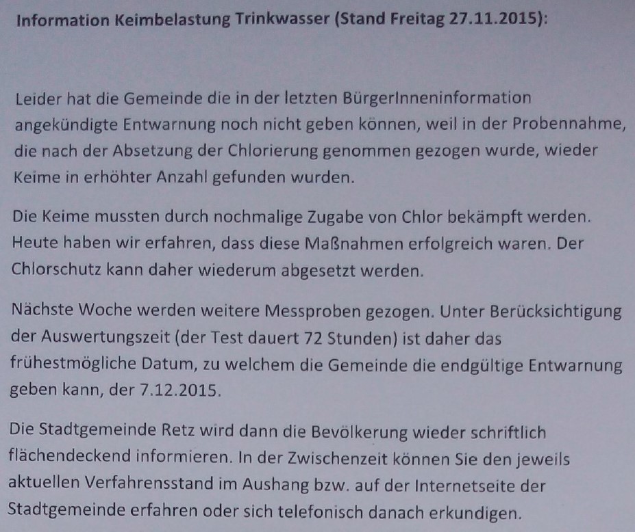 Trinkwasser in Retz, Untersuchungsergebnis – Vorabinformation