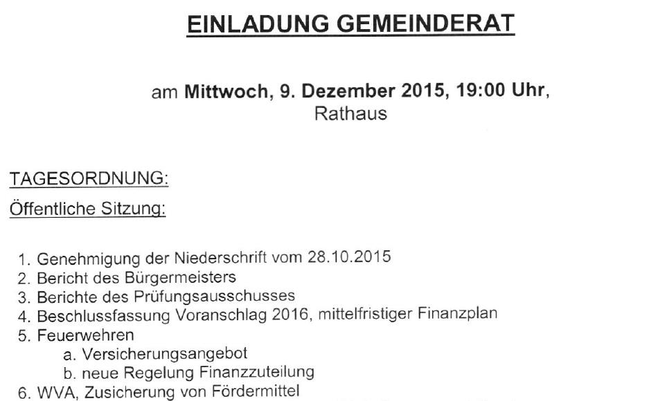 Nächste Gemeinderatssitzung am Mi. 9. Dezember 2015