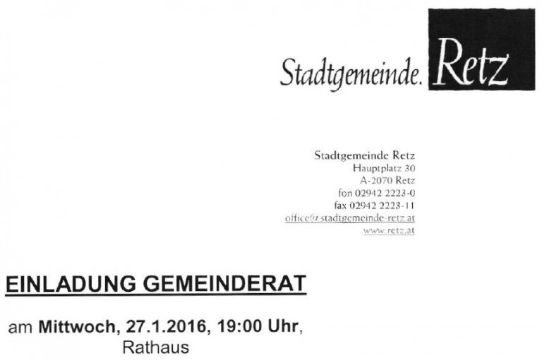 Nächste Gemeinderatssitzung am Mittwoch 27. Jänner 2016