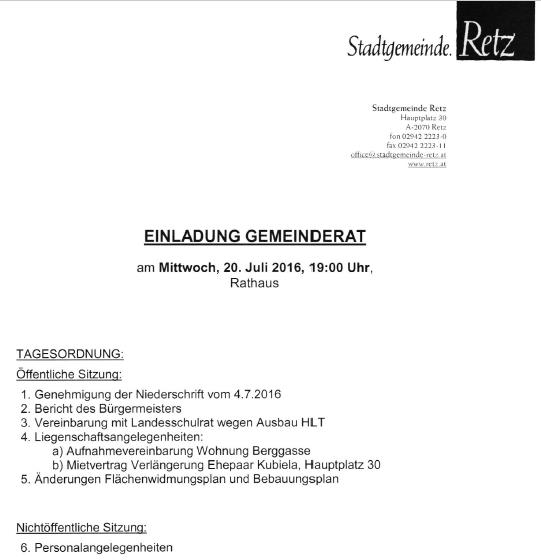 Gemeinderatssitzung am Mi. 20. Juli um 19:00 Uhr