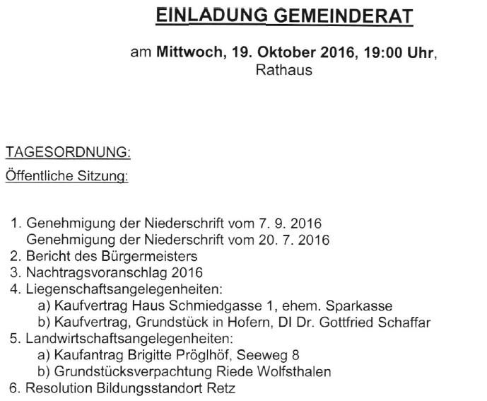 Gemeinderatssitzung am Mi. 19. Oktober 2016 um 19:00 Uhr