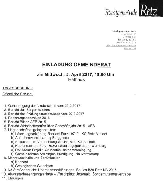 Ergebnisse der Gemeinderatssitzung vom 5. April 2017 – Kurzfassung