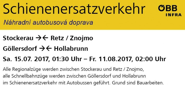 ACHTUNG Pendler und Bahnfahrer – Schienenersatzverkehr von 15. Juli bis 11. August zwischen Retz/Znojmo bis Stockerau