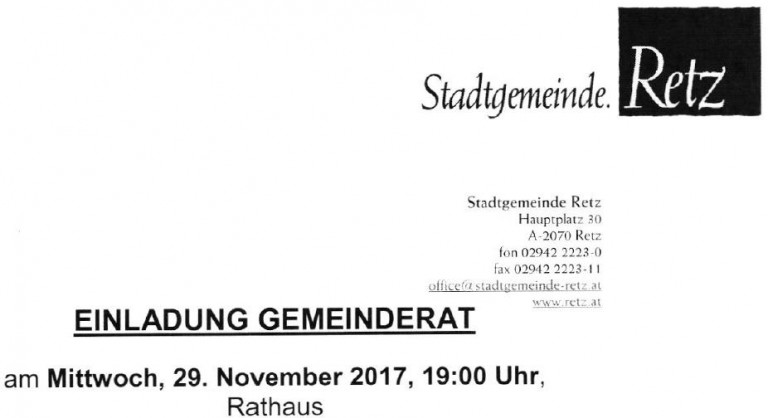 Gemeinderatssitzung am Mi 29. November 2017