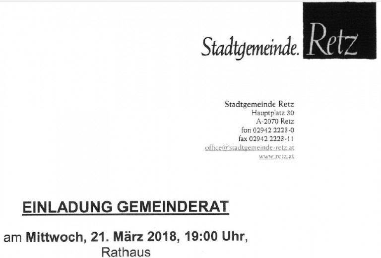 Nachmeldung – Einladung zur Gemeinderatssitzung vom 21. März 2018