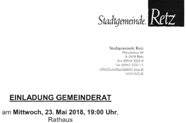 23. Mai 2018 um 19:00 Uhr Sitzung des Gemeinderates in Retz