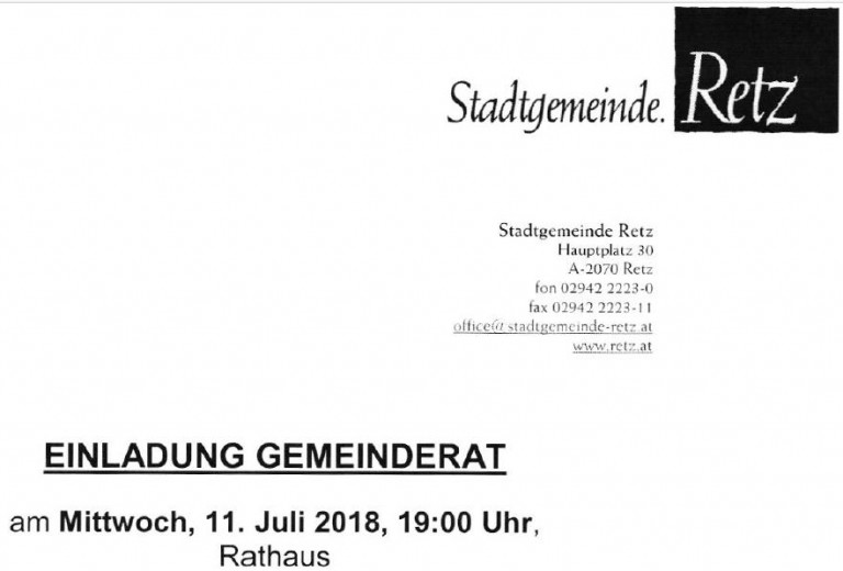 Mi. 11. Juli 2018 um 19:00 Uhr Sitzung des Gemeinderates in Retz