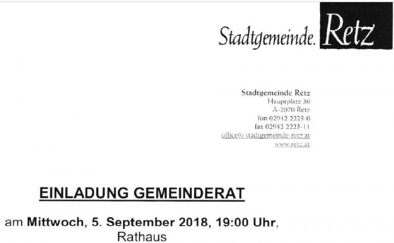 Gemeinderatssitzung am Mi. 5. September 2018 um 19:00 Uhr mit Nachtragsvoranschlag