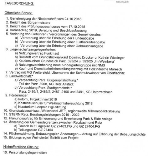 Die umfangreiche Tagesordnung zurmTagesordnung Gemeinderat Retz Dezember 2018