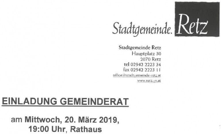 2. Gemeinderatssitzung am 20. März 2019 um 19:00 Uhr