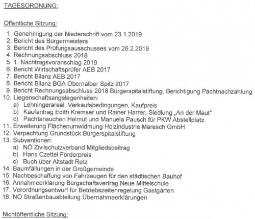Tagesordnung zur Gemeinderatssitzung vom 20. März 2019
