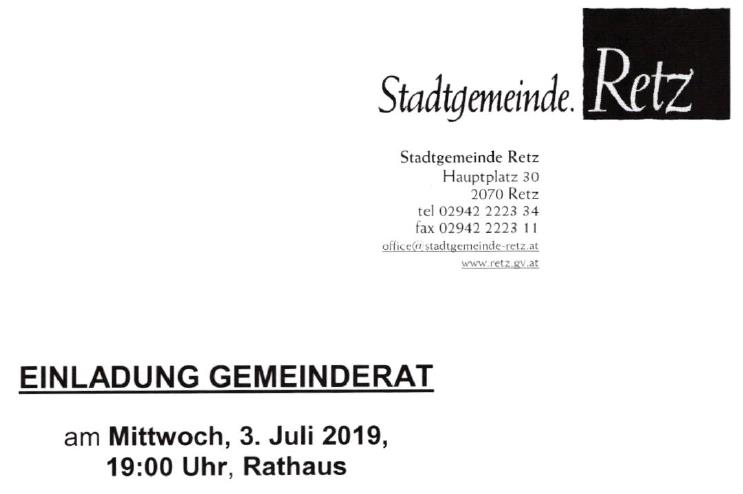5. Sitzung des Gemeinderates in Retz im Juli 2019