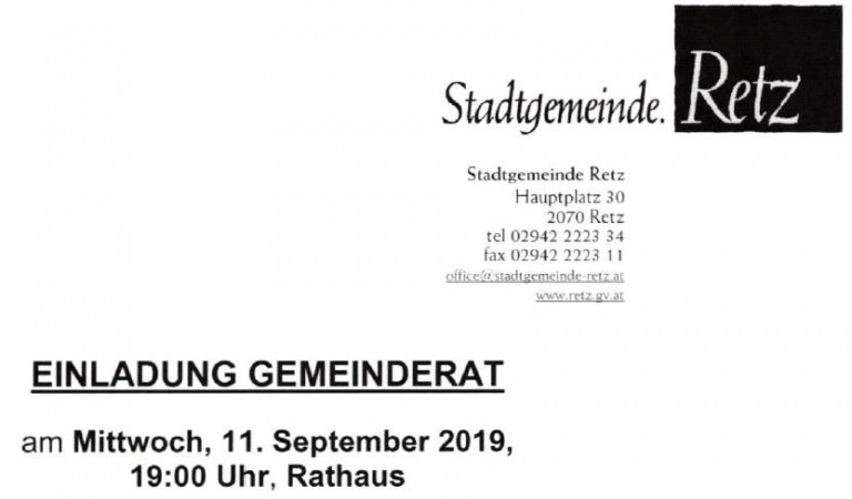 6. Sitzung des Gemeinderates am Mi. 11. September 2019 um 19:00 Uhr