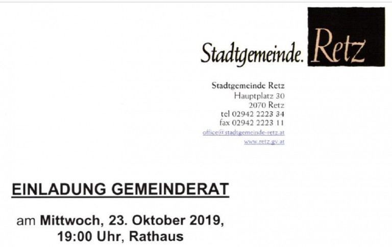7. Sitzung des Gemeinderates in Retz am Mi. 23. Oktober 2019