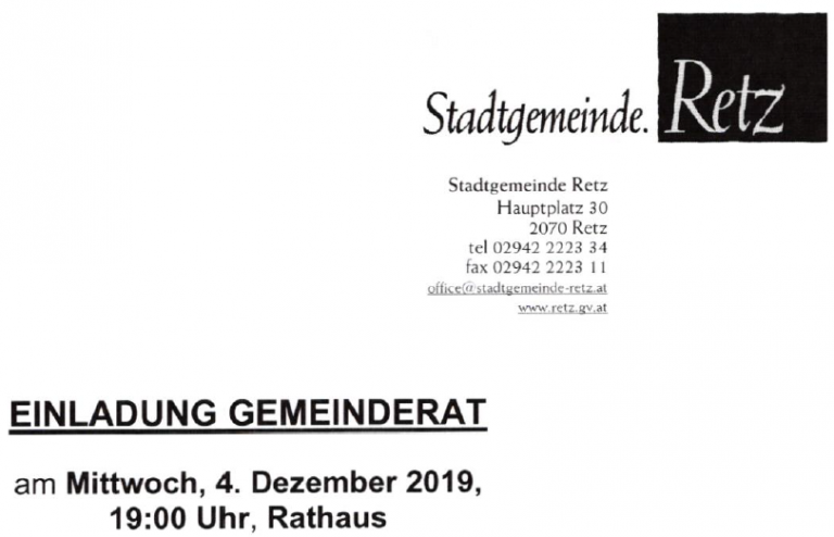 9. Sitzung des Gemeinderates in Retz im Jahr 2019